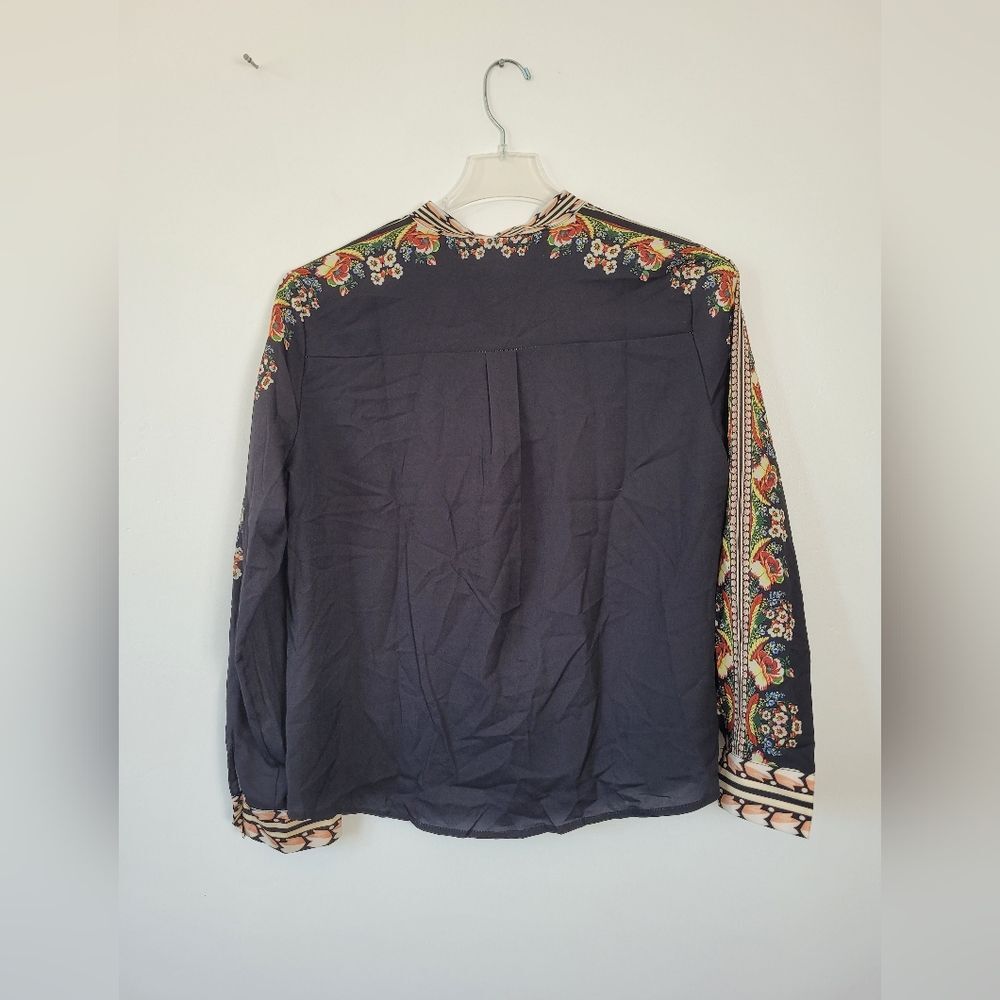 NEW Black Floral Abstract Blouse Top Asian Office Career Boho Indie Oriental 14 - Picture 9 of 12